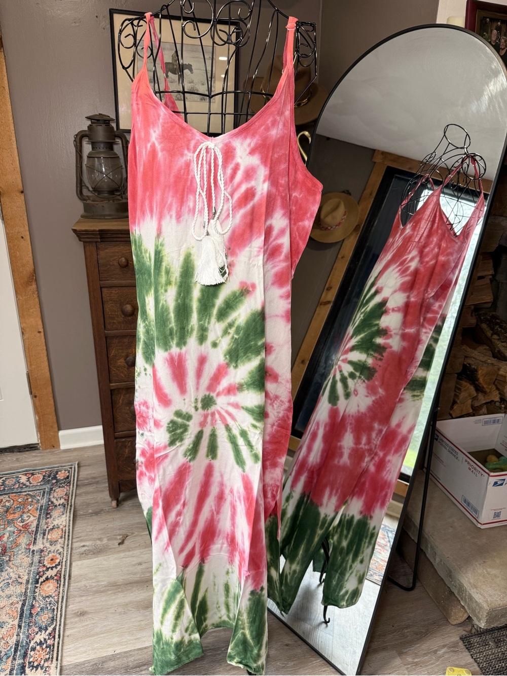 White Waves Pink Tie-Dye Maxi Dress with Front Tassel